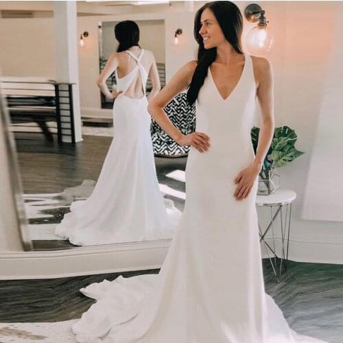 White Ivory V-neck Beach Wedding Dress Mermaid Style Crisscross Back Chapel Train Vestido De Novia Boho Bridal Dresses 2019 New