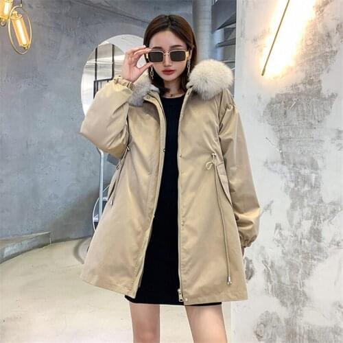 Winter New Hooded Thick Parkas Womens Mid-length Solid Color Waist Warm Fur Coat Raccoon Fur Collar Rabbit Fur Lining Outerwear