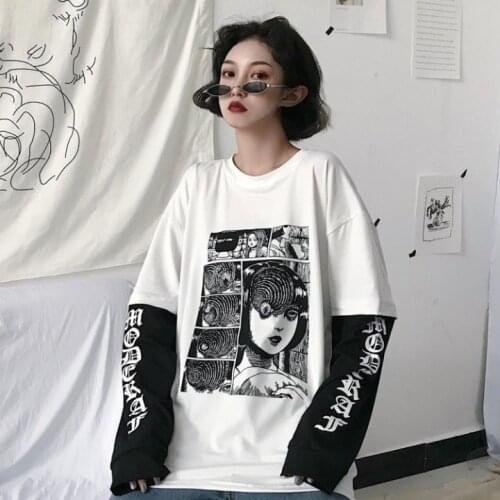 Harajuku T-shirt Women Fake 2 Pieces Print Japanese Fujiang Hip Hop Horror Comics Long Sleeve Shirt Women Vetement Femme 2020