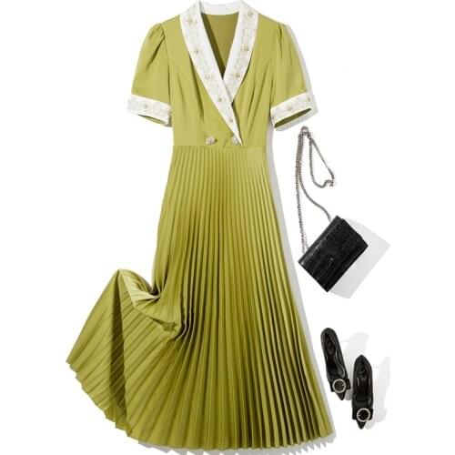 2021 Summer Office Lady Dress Women Button Embroidery Diamonds High Quality Elegant Pleated Skirt