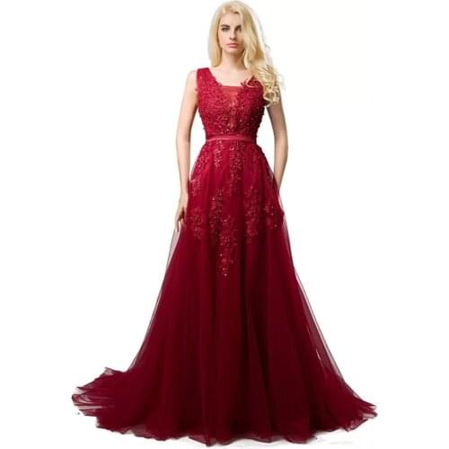 2021 Real Burgundy Prom Dresses V Neck Sleeveless A Line Floor Length Appliques Lace With Pearl Soft Tulle Evening Graduation