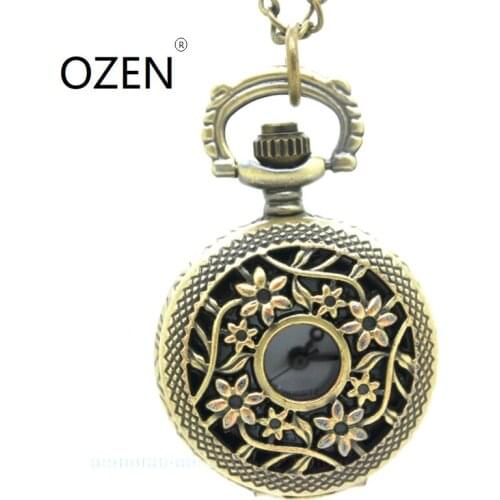 3098) 12pcs/lot Vintage bronze hollow out flower pocket Watch Necklace, Watch pendant, Dia: 2.7cm christmas party gift