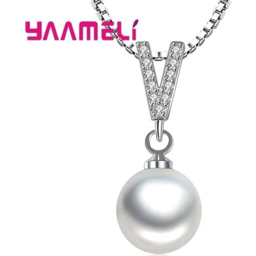925 Sterling Silver Jewelry Elegant Women Necklaces Vintage Long Design Cubic Zirconia Stone and Pearl Pendant Charming Collar