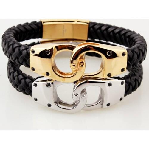 New Handcuff Gift Stainless Steel Silver Color Gold Color Jewelry Black Braided Leather Wristband Men Male Bracelet Bangle 8.66"