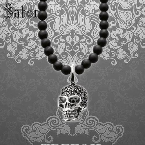 Strand Necklace Skull Pendant Obsidian Beads, Fashion silver color Colar Jewelry Punk Gift For Men Women Boy thomas