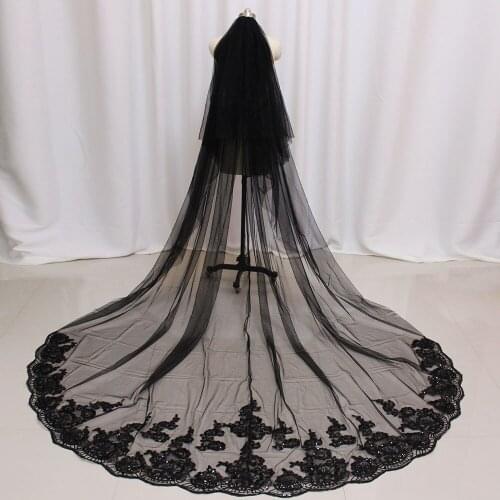 Black Long Wedding Veil with Sequined Lace Cathedral 2T Bridal Veil Cover Face 2 Layers 3 M Veil with Comb Wedding Accessories