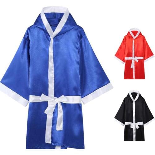 Men Women Boxer Costume Competition Training Boxing Robe Kickboxing Gown Training Uniform With Long Sleeve Belt White Hem S-XL