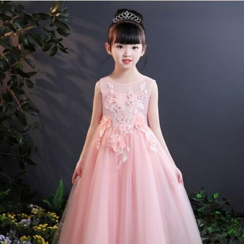 Elegant White Pink Tulle Flower Girl Summer Dress For Wedding Appliques Kids Party Prom Dress deguisement enfant fille