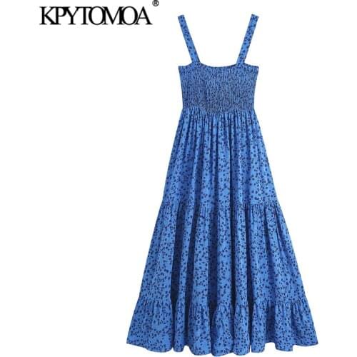 KPYTOMOA Women 2021 Chic Fashion Elastic Smocked Printed Midi Dress Vintage Straight Neck Straps Female Dresses Vestidos Mujer