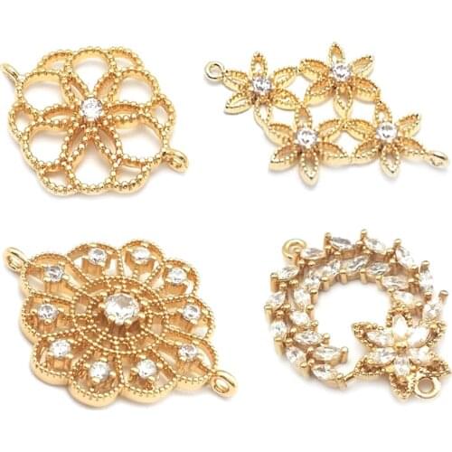 40196)4PCS 24K Champagne Gold Color Brass and Zircon 2 Holes with Flower Round Connect Pendants Jewelry Making Supplies