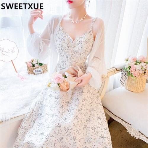 SWEETXUE 2021 Sweet Elegant Fairy Floral Sling Dress + Sun Protection Shirt Shawl Fashion Casual Gentle Womens Clothing