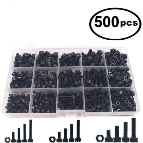 500pcs M3 M4 M5 Allen Bolt Hex Socket Round Cap Head Screw Nut Kit Set 12.9 Grade Alloy Steel Hex Socket Head Cap Black