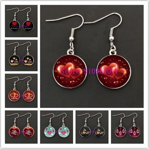 New Love Heart Shaped Round Glass Earrings I Love You Pendant Earrings Men and Women Valentines Day Gift Glass Earrings