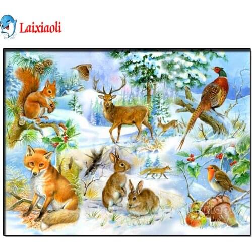 Full Square Diamond Painting Fox Rabbit Deer Bird Squirrel Animals Diamond Embroidery Diamond Painting Full Round Christmas DIY