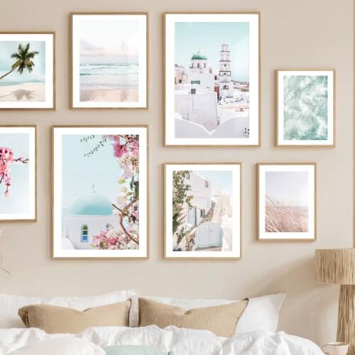 Santorini Flower Tree Beach Reed Building Wall Art Canvas Painting Nordic Posters And Prints Wall Pictures For Living Room Decor