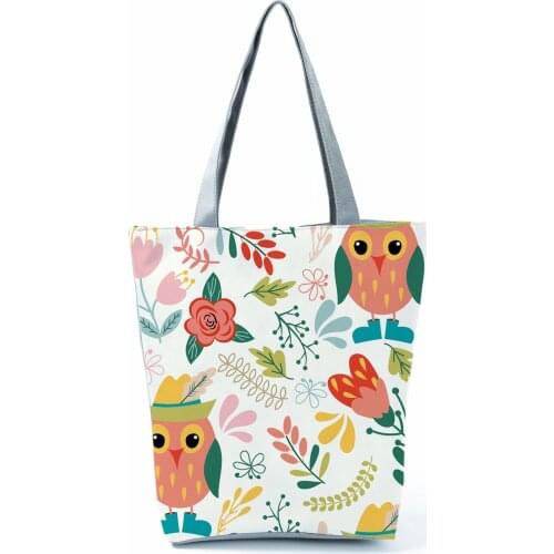 Plant Animal Shoulder Bag Floral Owl Printed Tote Female Casual All-Match Handbags High Capacity Beach Bag Portable Shopping Bag