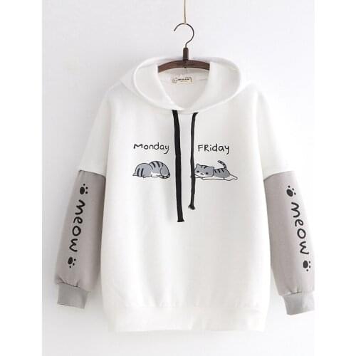 Cute Two Cats Fall Winter Womens Loose Hoodies Thicken Warm Pullovers Hooded Cashmere Tops SWEET Patchwork