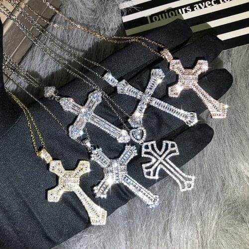 Bling Zircon Stone Cross Pendant Long Chain Statement Necklace for Women Man Fashion Jewelry Silver Color Gold Choker