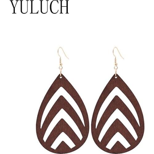YULUCH Water drop hollow OUT pendant earrings for women natural wood art earrings girls novelty gifts birthday party accessories