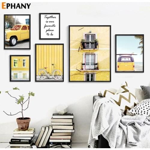Yellow Car Bicycle Scenery Nordic Posters and Prints Love Quote Canvas Painting Pictures for Living Room Wall Art Decor