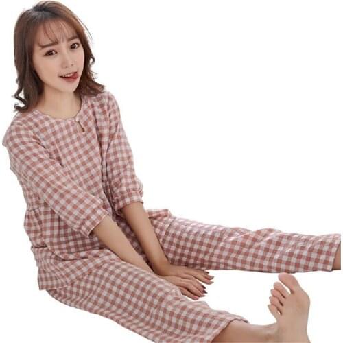 New Sale Women Home Wear 2020 Summer Autumn Women Pajamas Set Long Pant Pyjamas Sets Plaid Leisure Sleepwear Set
