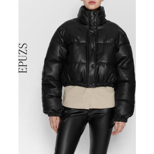 ZA 2021 women Padded PU Coat women fur leather Parka Jacket Warm Croped Long Sleeve Outwear Motorcycle Black Short Jacket