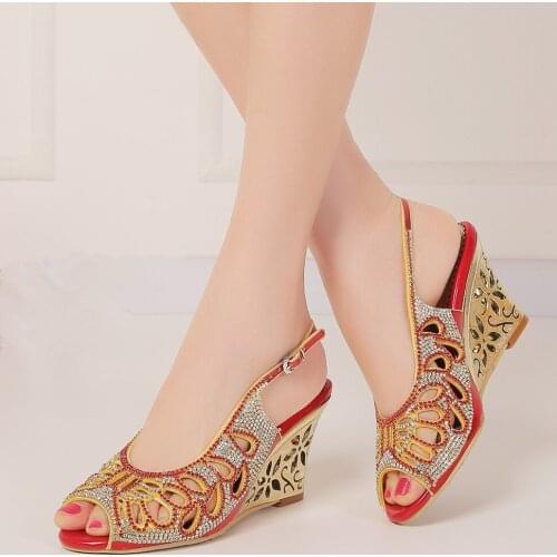 Women Rhinestones Wedges Heels Shallow Peep Toe Working Shoes Sandals High Heeled Genuine Leather Summer Shoes Woman X0013