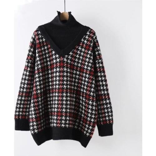 Womens Fashion Fake Two-piece Sweater Korean Version Loose High Neck Thickened Base Knitted Top 2021 Autumn Winter New
