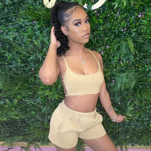 Women Solid Color Two 2 Piece Sets Ladies Backless Low Neck Sleeveless Crop Top and Elastic Waist Biker Short Female Tracksuit