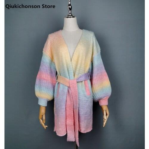 Qiukichonson Vintage Gradient Rainbow Striped Cardigan Knit Women Lantern Sleeve Tunic Belted Cardigan Coat Gardigan pull femme