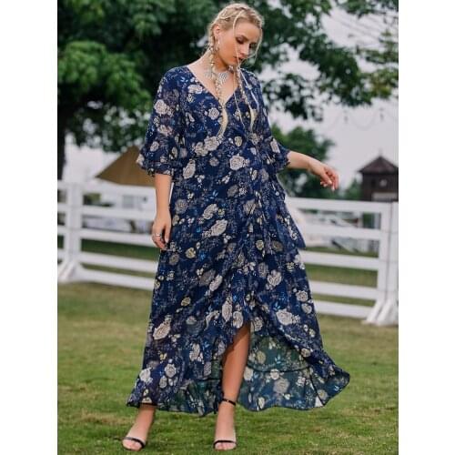 Plus Size Women Summer Chiffon Dress Fashion V Neck Ruffles Sleeve Floral Print Ruffles Boho Beach Dress Maxi Wrap Vestidos