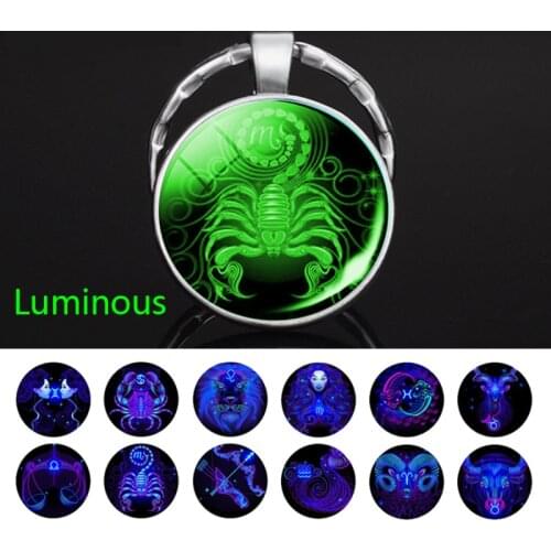 12 Zodiac Sign Keychain Glass Dome Car Keychain Glow In The Dark Key Chain Luminous Constellation Trinkets Best Friend Gift