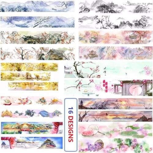 16Designs 20/30MM*10M Flowers/Imperial Palace/Chinese Ink Pai Japanese Washi Decorative Adhesive DIY Masking Paper Tape Sticker