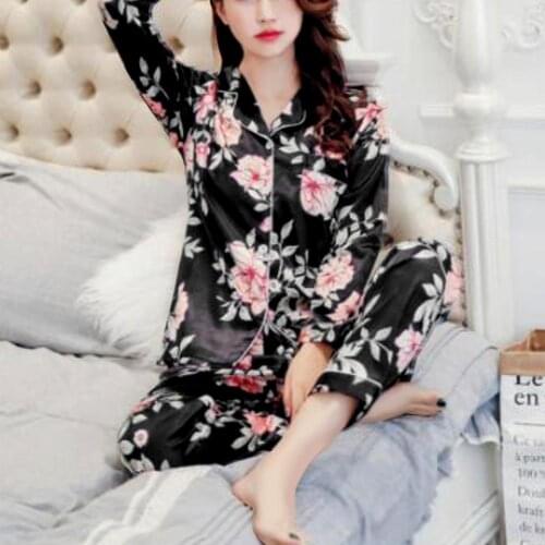2Pcs Autumn simulation Floral Print silk womens pajamas set comfortable and silky cute long sleeve ladies home service