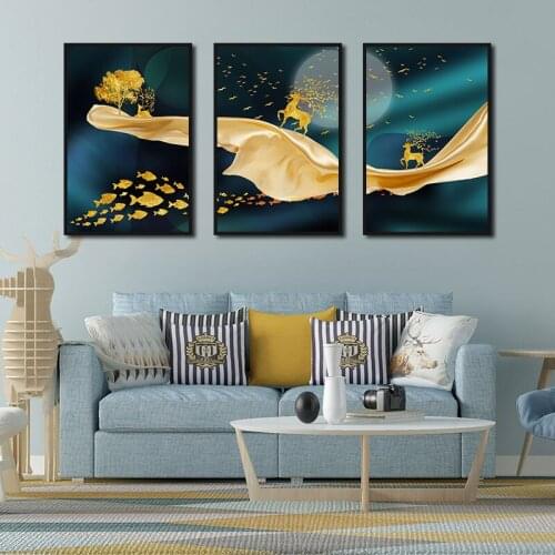 Abstract Wall Art Golden Fishes Elks and Silk Paintings Nordic Canvas Prints and Posters Living Room Bedroom Corridor Decoration