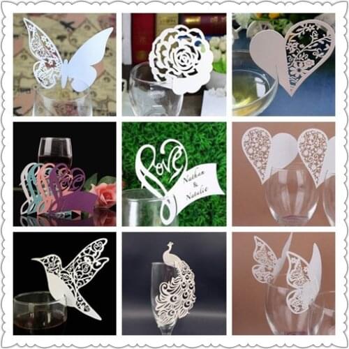 50pcs Butterfly/love/bird/peacock/ Laser Cut Wine Glass Table Name Place Cards deco Wedding Birthday Christmas party deco