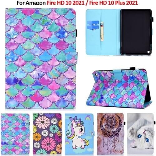 For Amazon Fire HD 10 Case 2021 11th Gen PU Leather Smart Painted Tablet Funda For Fire HD10 2021 Cover For Fire HD 10 Plus Case