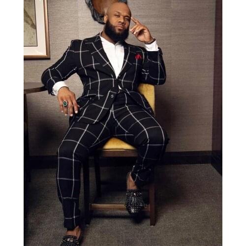 Black Check Mens Custom Made Wedding Tuxedos One Button Groom Wear Formal Dinner Prom Party Blazer Suits(Jacket+Pants)