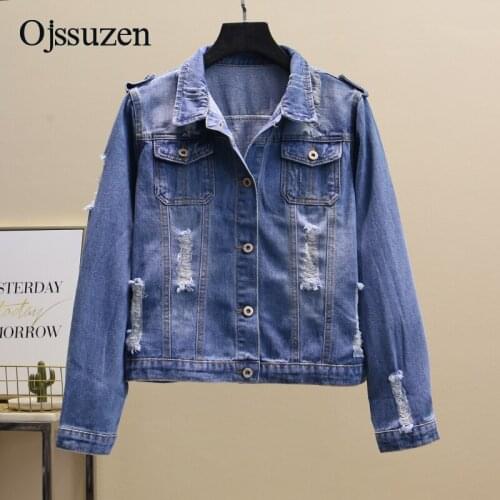 Plus Size 4XL 5XL Classic Ripped Hole Denim Women Jackets Korean Slim Cropped Womens Jacket Basic Jeans Coats Female Frayed