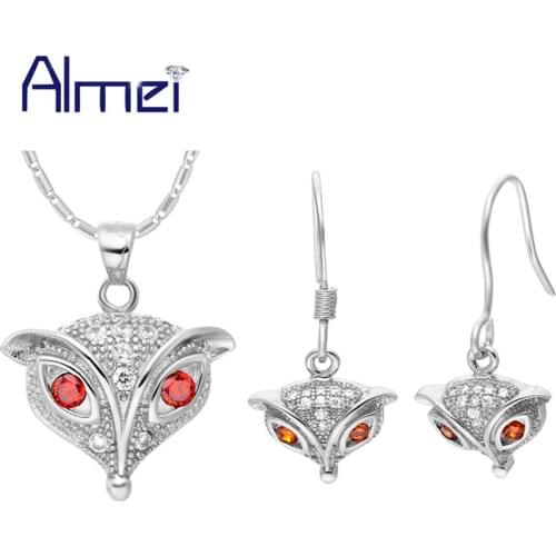 Almei Cute Classic Animal Rose Gold Color Necklace Drop Earrings Fox Jewelry Sets For Women Rhinestone New Bridal Silver T377