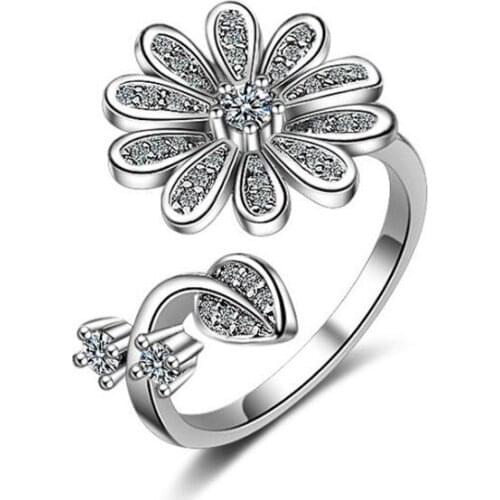 New Fashion Korean Style Exquisite Flower 925 Sterling Silver Jewelry Personality Leaf Crystal Temperament Opening Rings SR633