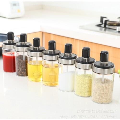 Kitchen supplies seasoning jar seasoning pot set combination glass creative kitchen supplies spoon cover integrated round