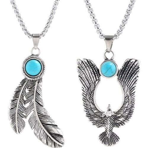 Fashion Stainless Steel Eagle Feather Statement Necklace Retro Long Chain Vintage Beads Pendant Rock Punk Women Men Jewelry Gift