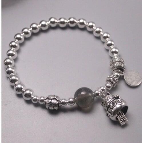 Real Silver 925 Bracelet Chain For Women Girl Silver Small Beads 6mm Crystal Beads Lucky Bag Cat Bracelet 17cmL