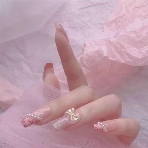 Wearable Love Spotted Sequin Bow Almond Ballerina False Nails Artificial Fake Nails Full Cover Square Head Nail Tips Manicure