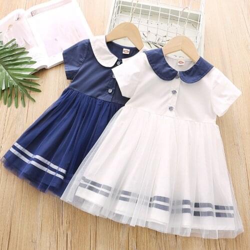 Girls dresses 2020 summer new fashion girls pure cotton doll collar short sleeve mesh stitching dress