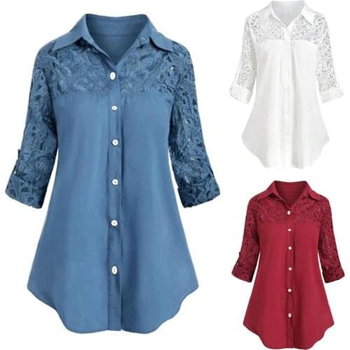 Shirts for women fashion Casual Solid Color Turn Down Collar Lace Stitching Buttons Plus Size Shirt tops women 2021 Blue 5xl
