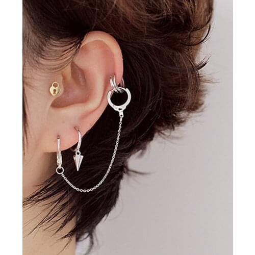 925 Sterling Silver Double Ear Hole Hoop Earrings for Women Men Punk Style Tassel Chain Earrings Jewelry 2021