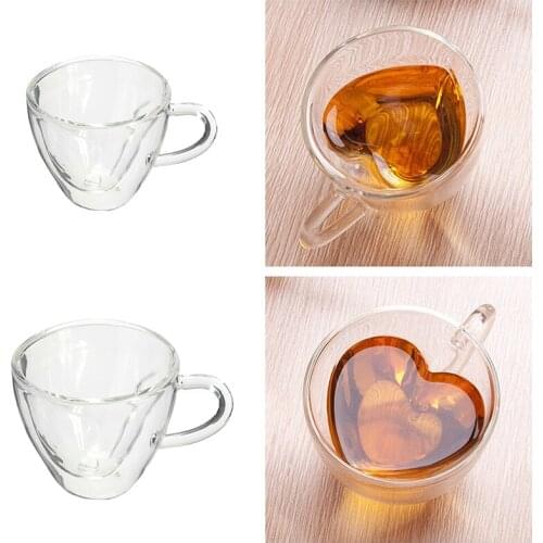 Heart Shaped Heat Resistant Double Wall Layer Clear Glass Tea Cups Mug, 240Ml