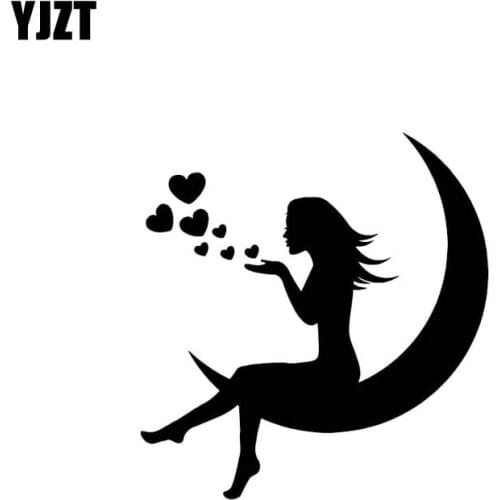 YJZT 12.9*13.6CM Girl Sit On The Moon Play With Hearts Popular Fashion Style Vinyl Decal Black/Silver Car Sticker C20-0785